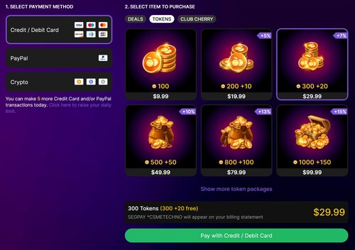 There are multiple token packages and deals to choose from on Cherry.tv