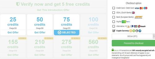 Varying credit packages available for Bitcoin payment at SecretFriends.com